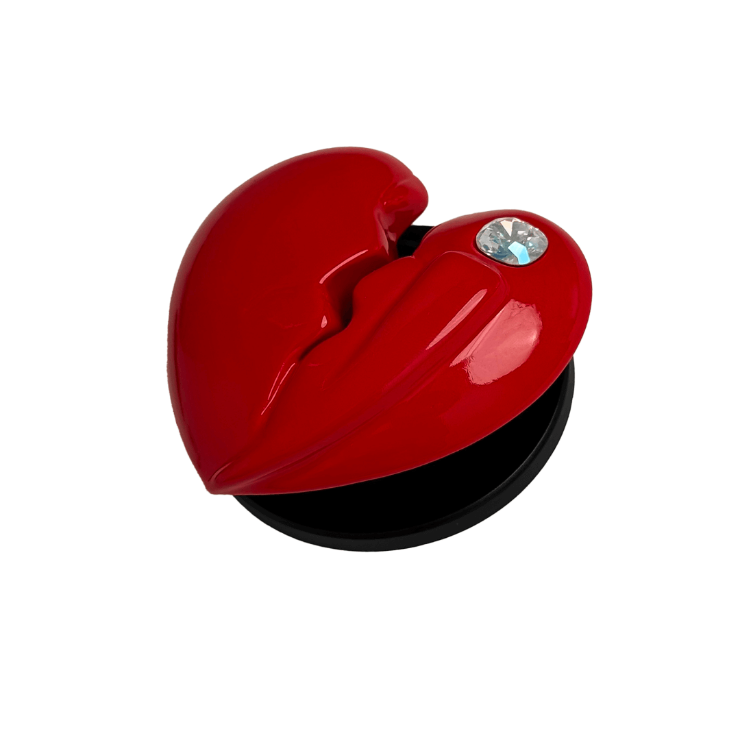 3D silver, pink, red and black metallic Phone grip featuring a cracked heart design with smooth chrome finish and a single embedded gem.