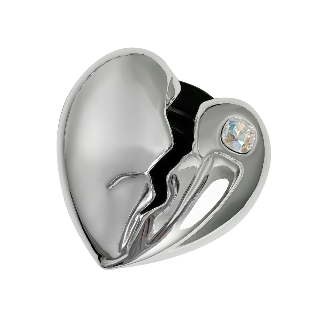 3D silver, pink, red and black metallic Phone grip featuring a cracked heart design with smooth chrome finish and a single embedded gem.