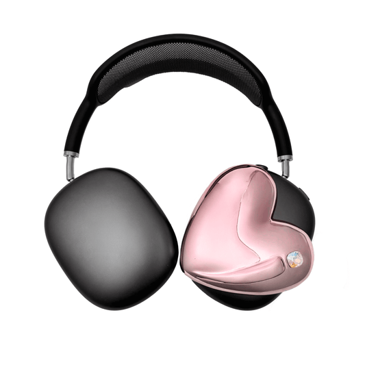 Metallic heart-shaped AirPods Max cover in silver, pink, red and black, with a smooth 3D sculpted surface and a single crystal stud detail.
