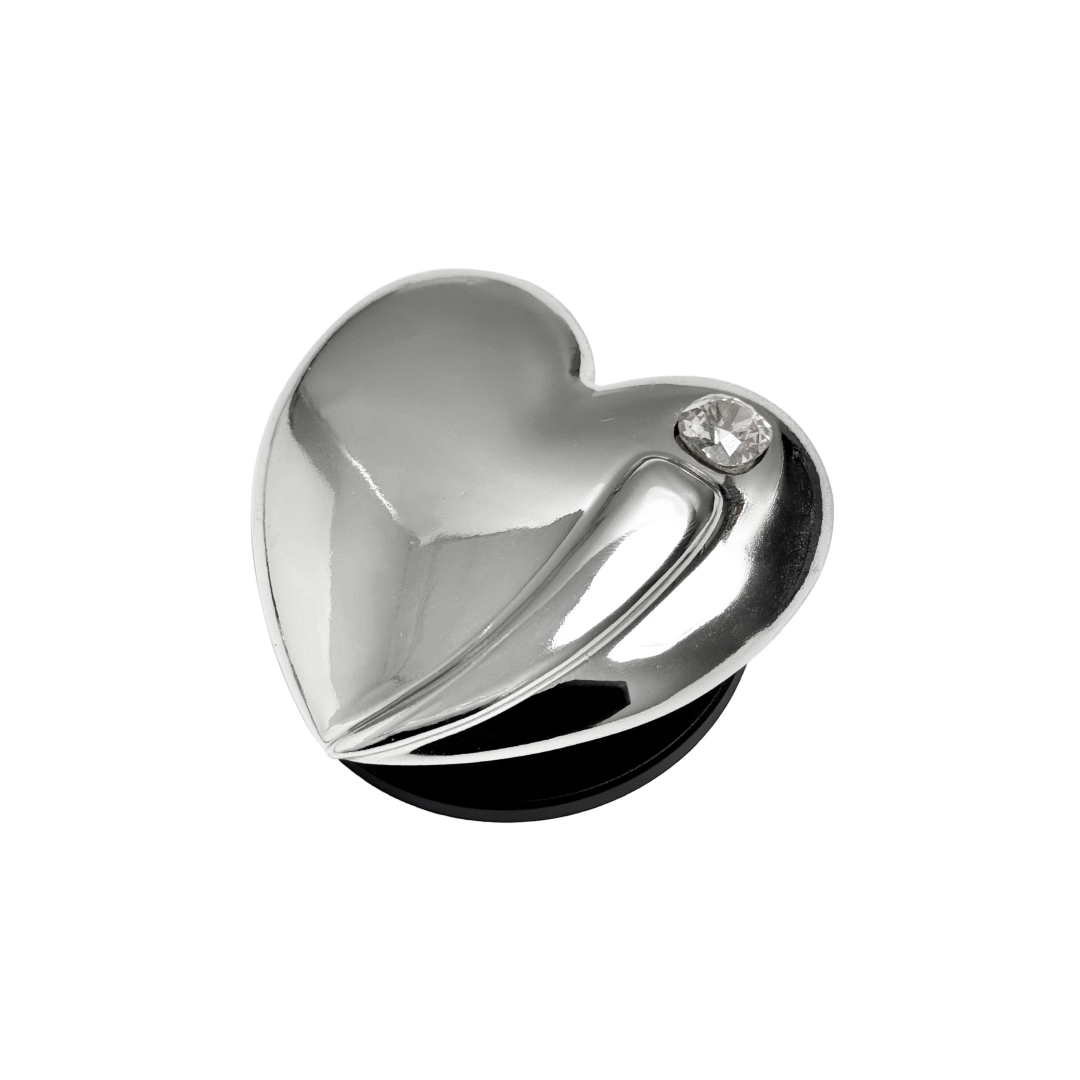 Metallic silver, pink, red, black Phone grip with a large sculpted heart in 3D, featuring a shiny chrome finish and a single gem-like detail.