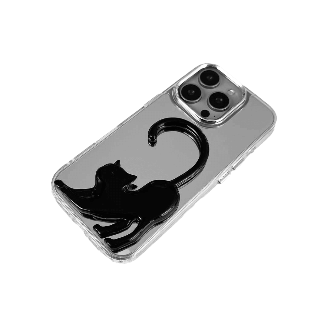 Stretching Cat iPhone Case with a sculptural cat design, available in black, silver, and white, on a mirror-finish background.
