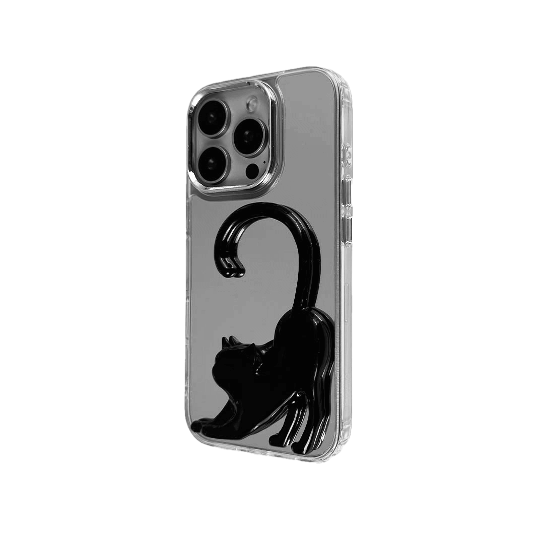 Stretching Cat iPhone Case with a sculptural cat design, available in black, silver, and white, on a mirror-finish background.
