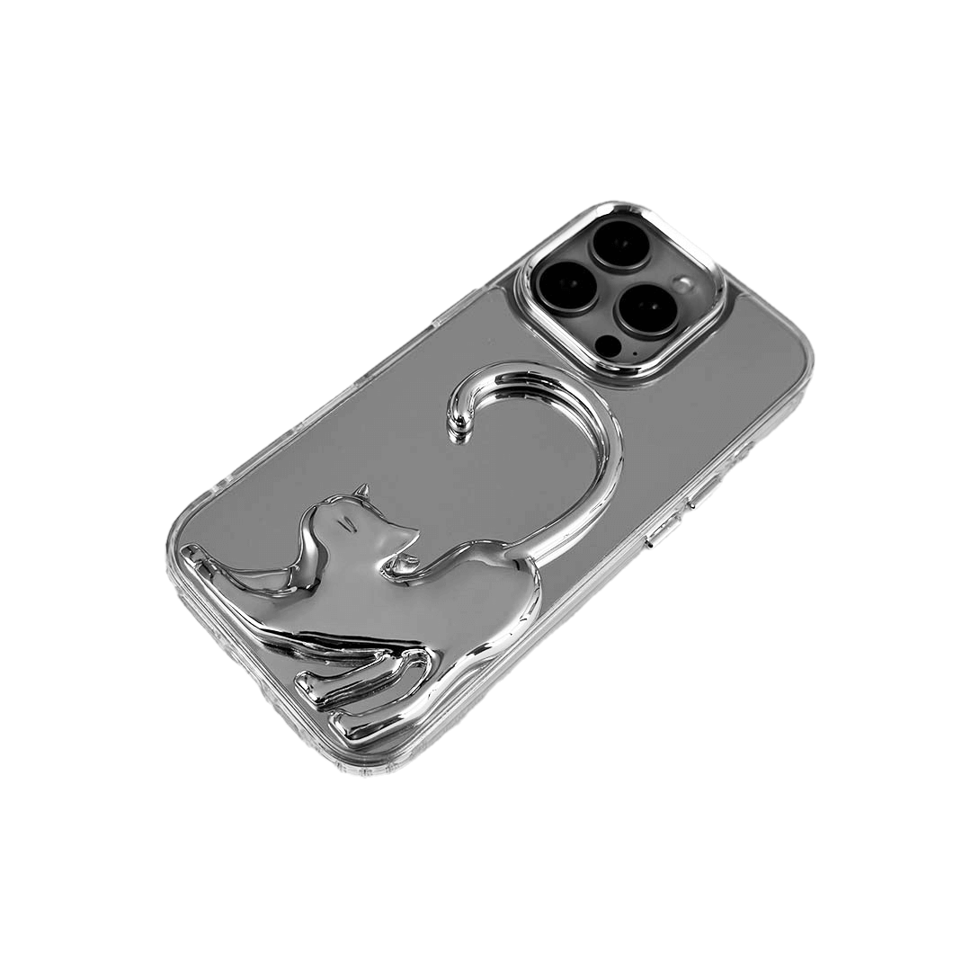 Stretching Cat iPhone Case with a sculptural cat design, available in black, silver, and white, on a mirror-finish background.