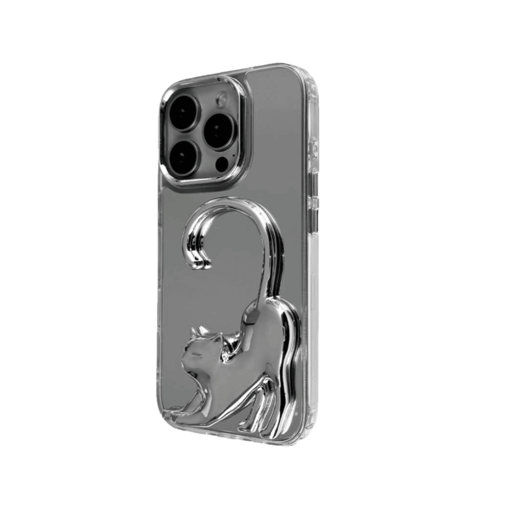 Stretching Cat iPhone Case with a sculptural cat design, available in black, silver, and white, on a mirror-finish background.