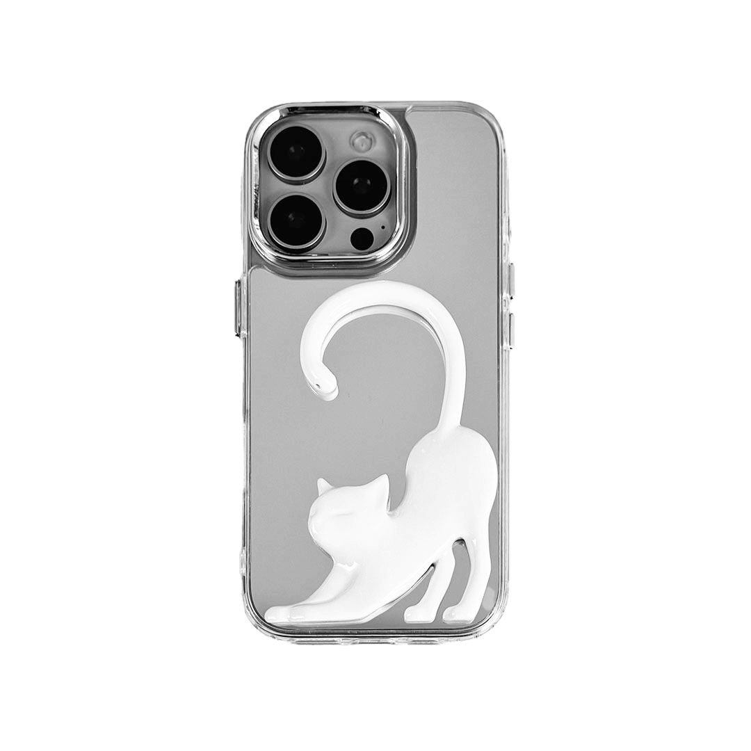 Stretching Cat iPhone Case with a sculptural cat design, available in black, silver, and white, on a mirror-finish background.