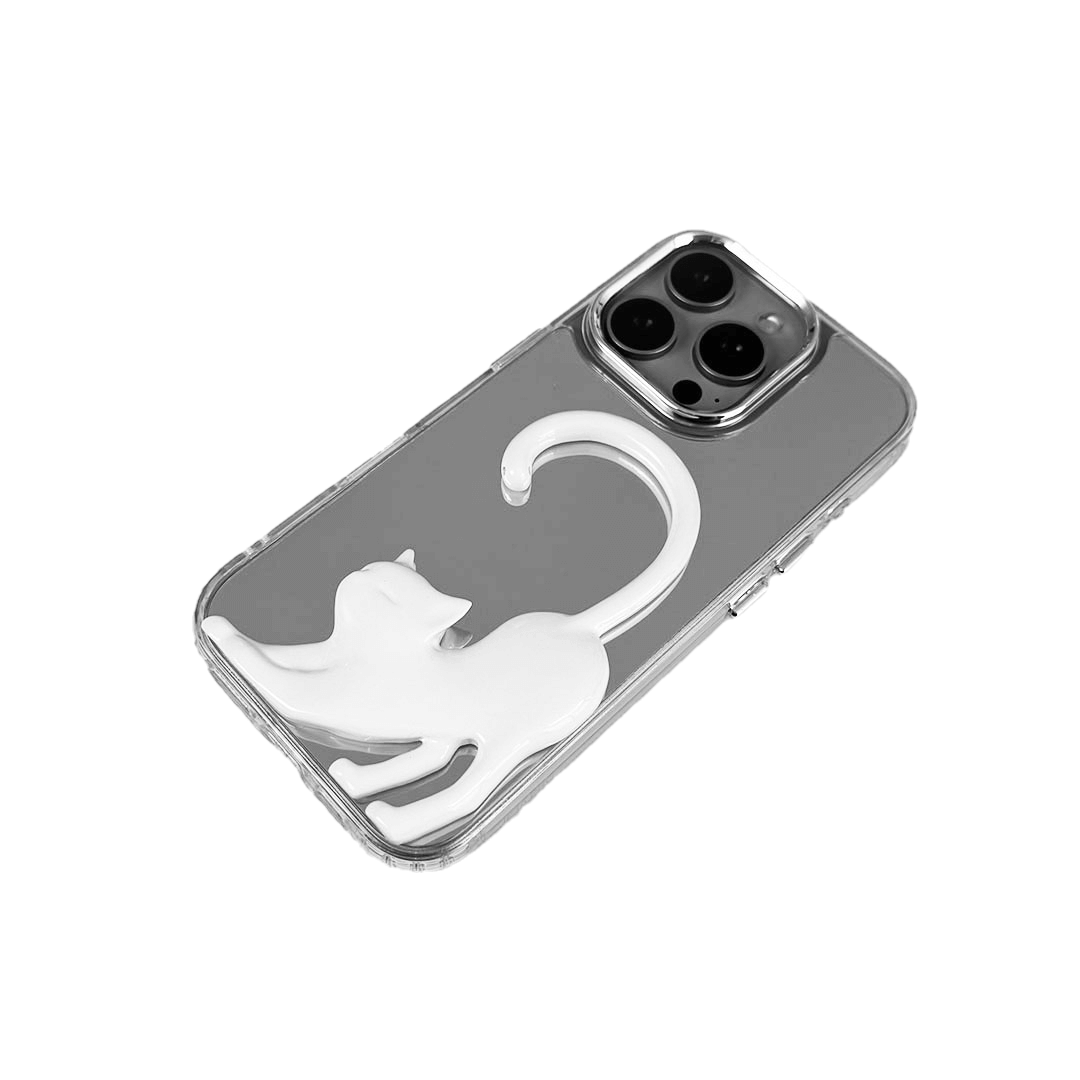Stretching Cat iPhone Case with a sculptural cat design, available in black, silver, and white, on a mirror-finish background.