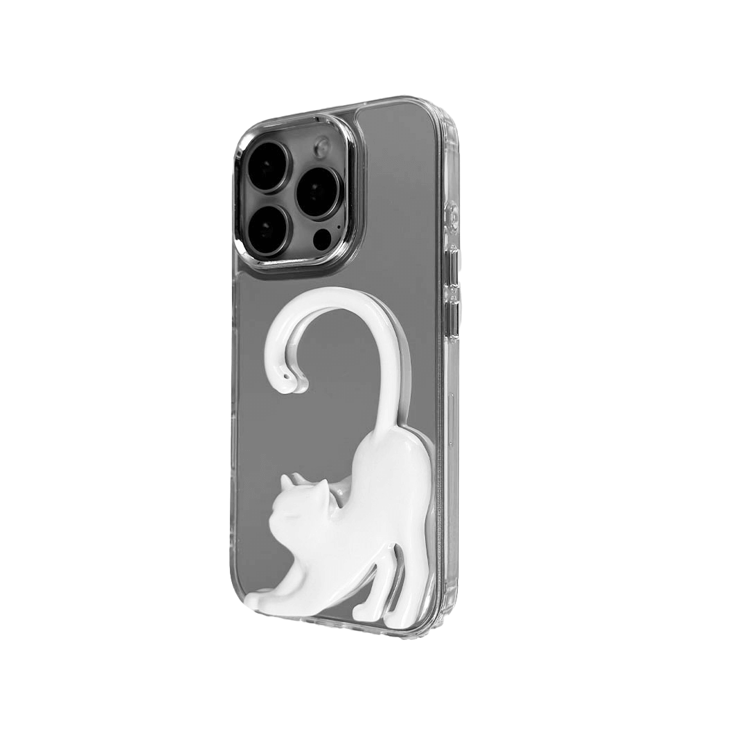 Stretching Cat iPhone Case with a sculptural cat design, available in black, silver, and white, on a mirror-finish background.