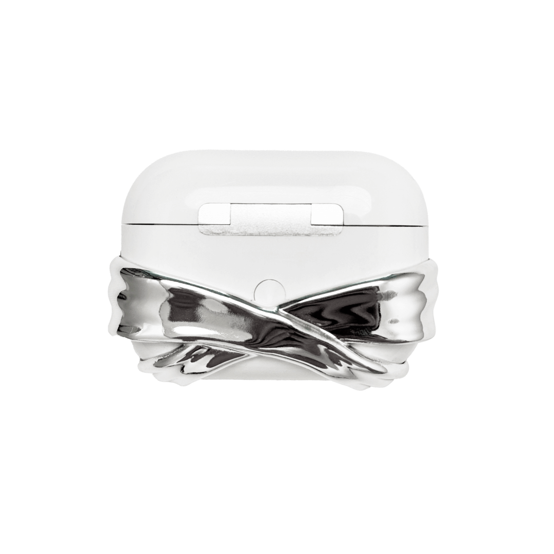 AirPods case cover with a multi-petal cherry blossom design in pink or silver, featuring a sparkling pink Swarovski crystal at the flower’s center for a refined, elegant touch.