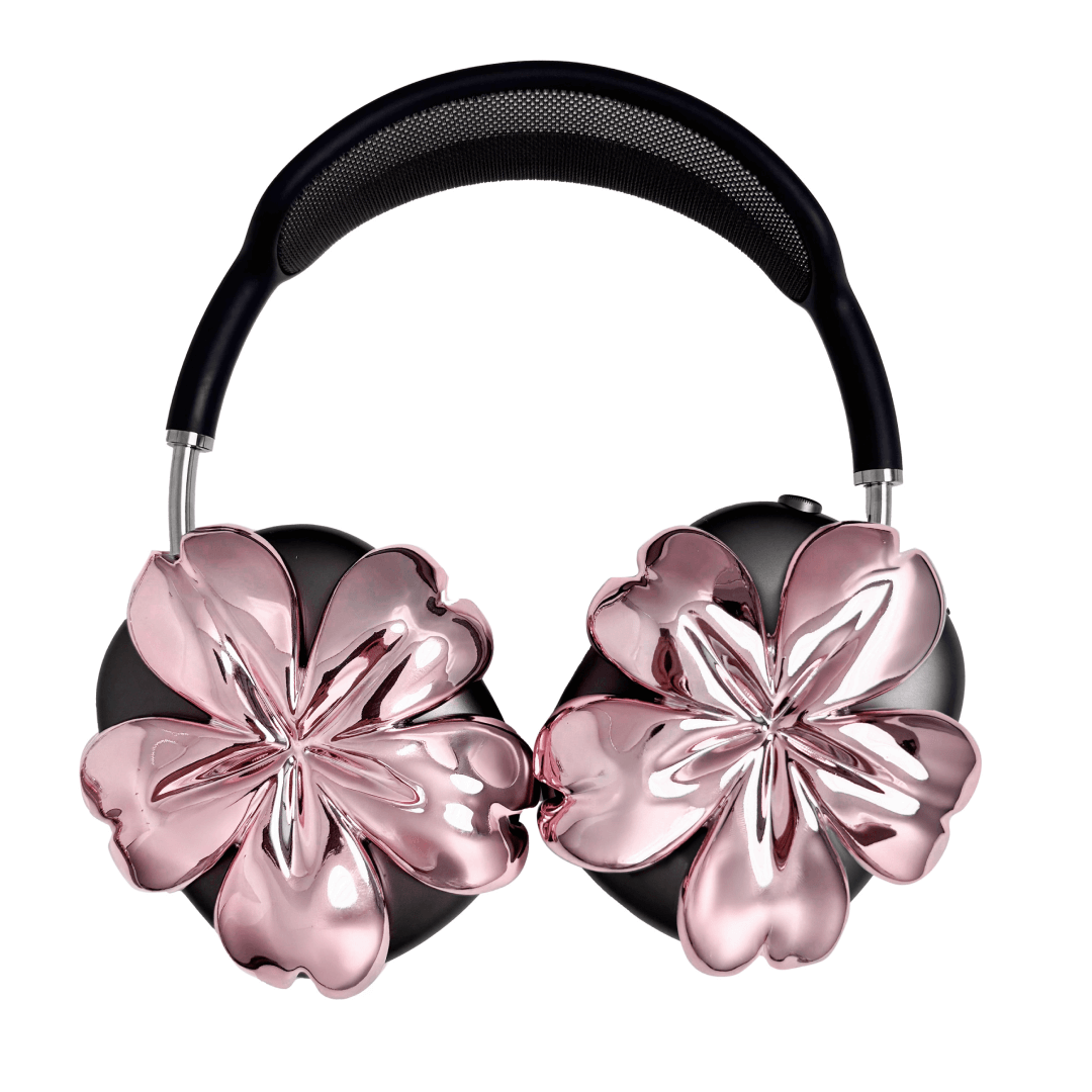 Sakura AirPods Max Covers with glossy pink and silver cherry blossom design on matte black earcups.