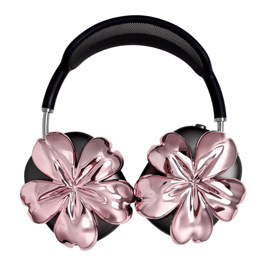 Sakura AirPods Max Covers with glossy pink and silver cherry blossom design on matte black earcups.