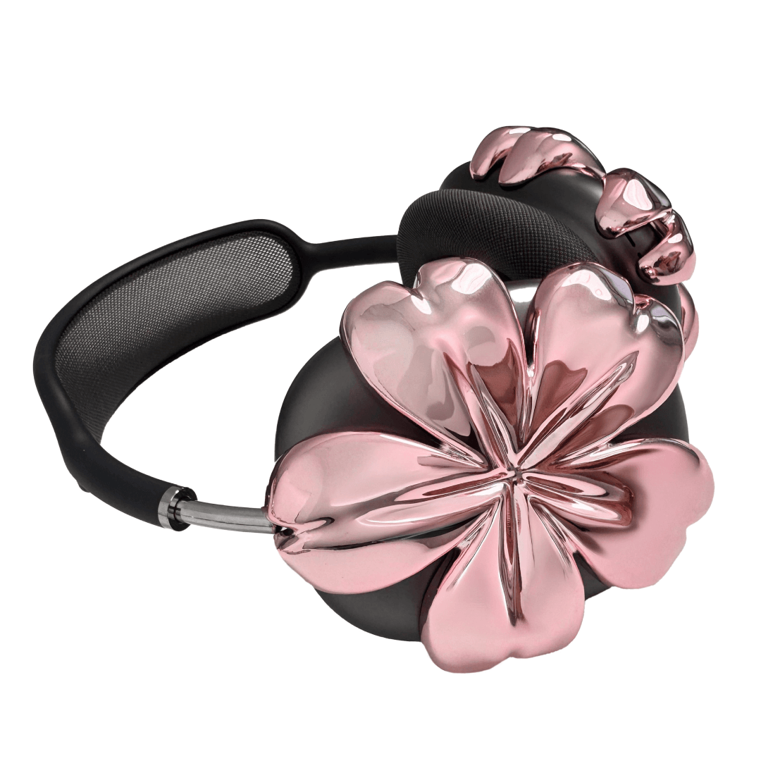 Sakura AirPods Max Covers with glossy pink and silver cherry blossom design on matte black earcups.