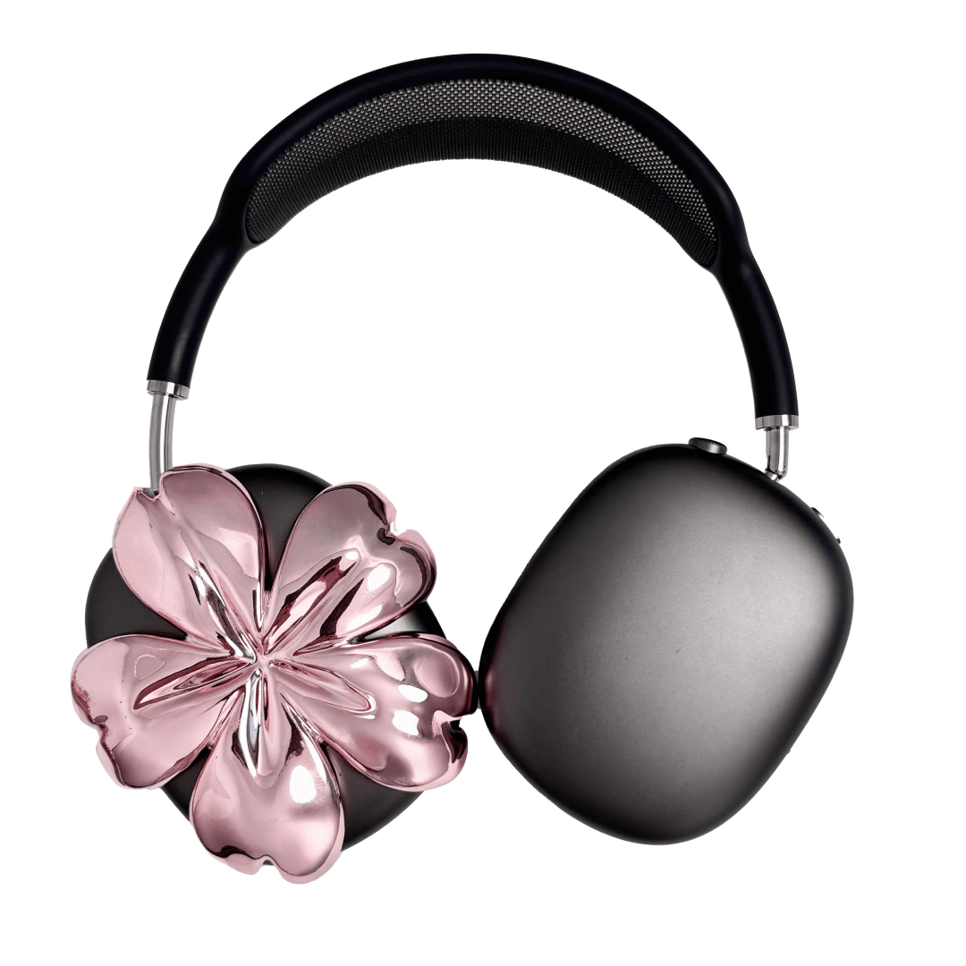 Sakura AirPods Max Covers with glossy pink and silver cherry blossom design on matte black earcups.