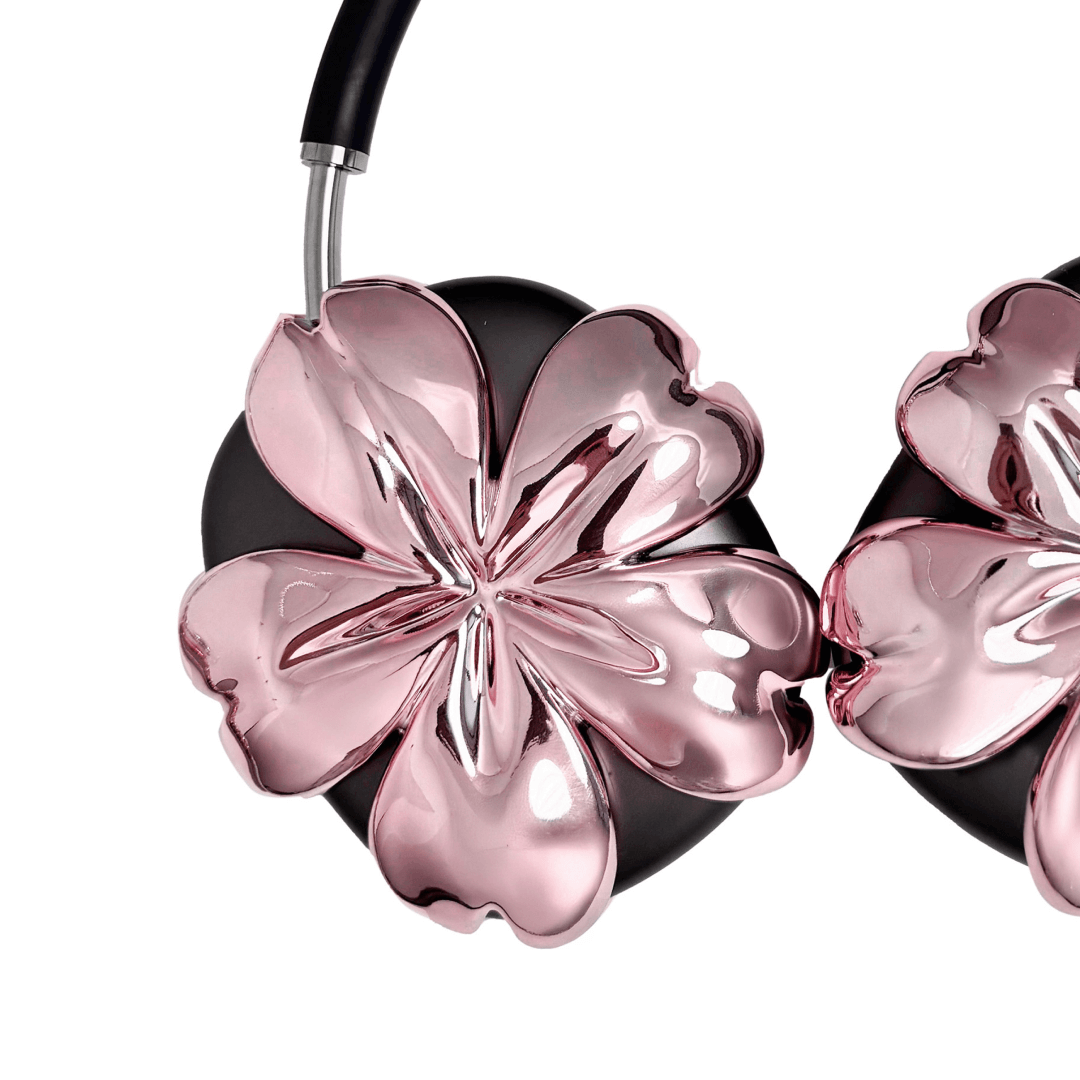 Sakura AirPods Max Covers with glossy pink and silver cherry blossom design on matte black earcups.