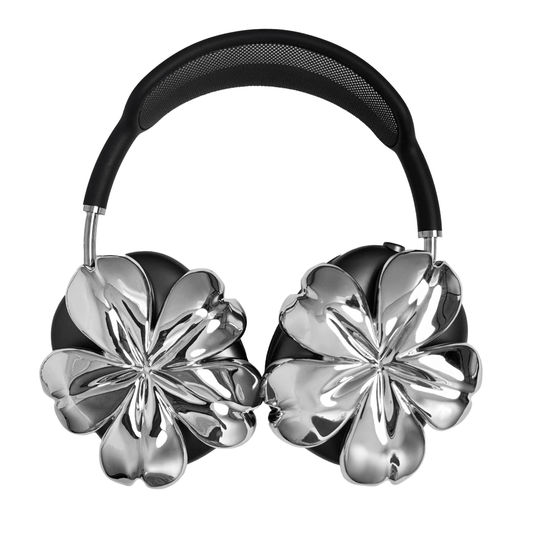 Sakura AirPods Max Covers with glossy pink and silver cherry blossom design on matte black earcups.