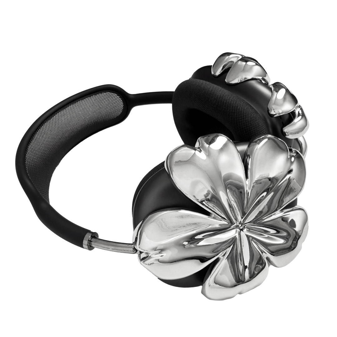 Sakura AirPods Max Covers with glossy pink and silver cherry blossom design on matte black earcups.