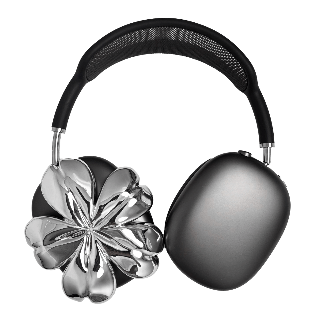 Sakura AirPods Max Covers with glossy pink and silver cherry blossom design on matte black earcups.